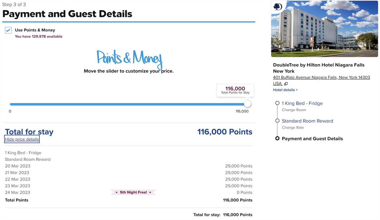 hotel pricing using points, showing the 5th night is free