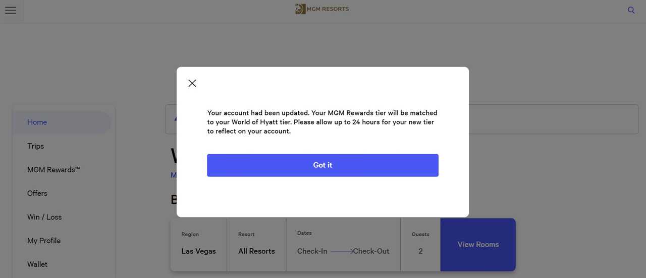 Hyatt to MGM Rewards tier match