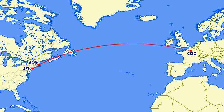 Map of JetBlue's routes between JFK–CDG and BOS–CDG