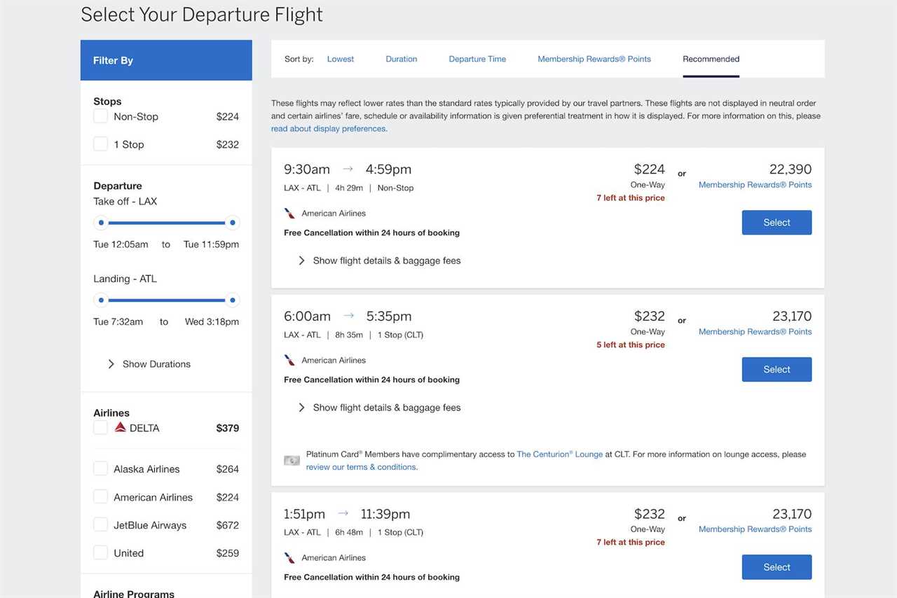 flight search results page from Amex Travel showing options for filters