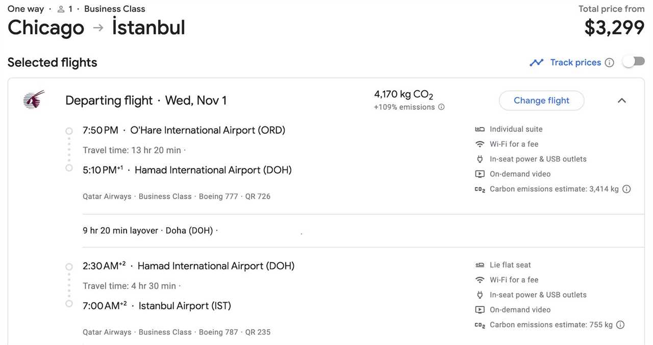 flight itinerary from Chicago to Istanbul via Doha with Qatar Airways