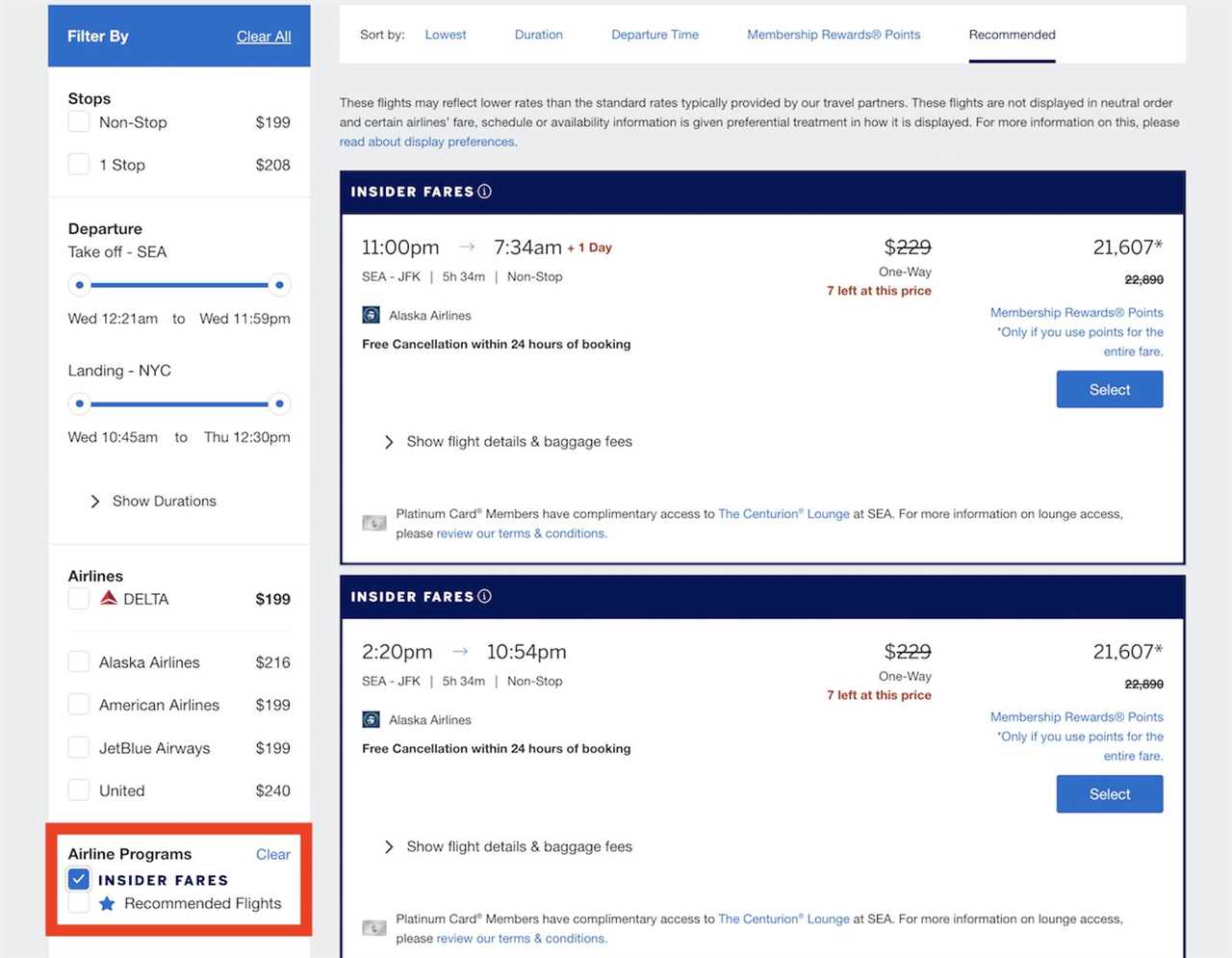 A red box indicates where to select the option for insider fares, which may be cheaper