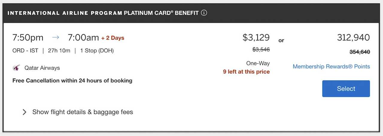 flight pricing showing a discounted for the Amex International Airline Program for this business-class reservation with Qatar Airways