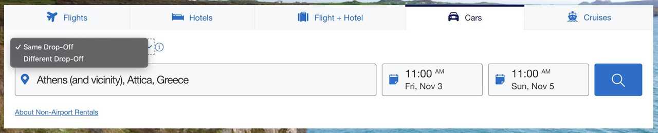 input fields for a rental car search with Amex Travel