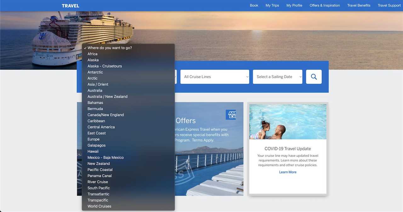 3 drop-down menus for cruise search options on a booking portal