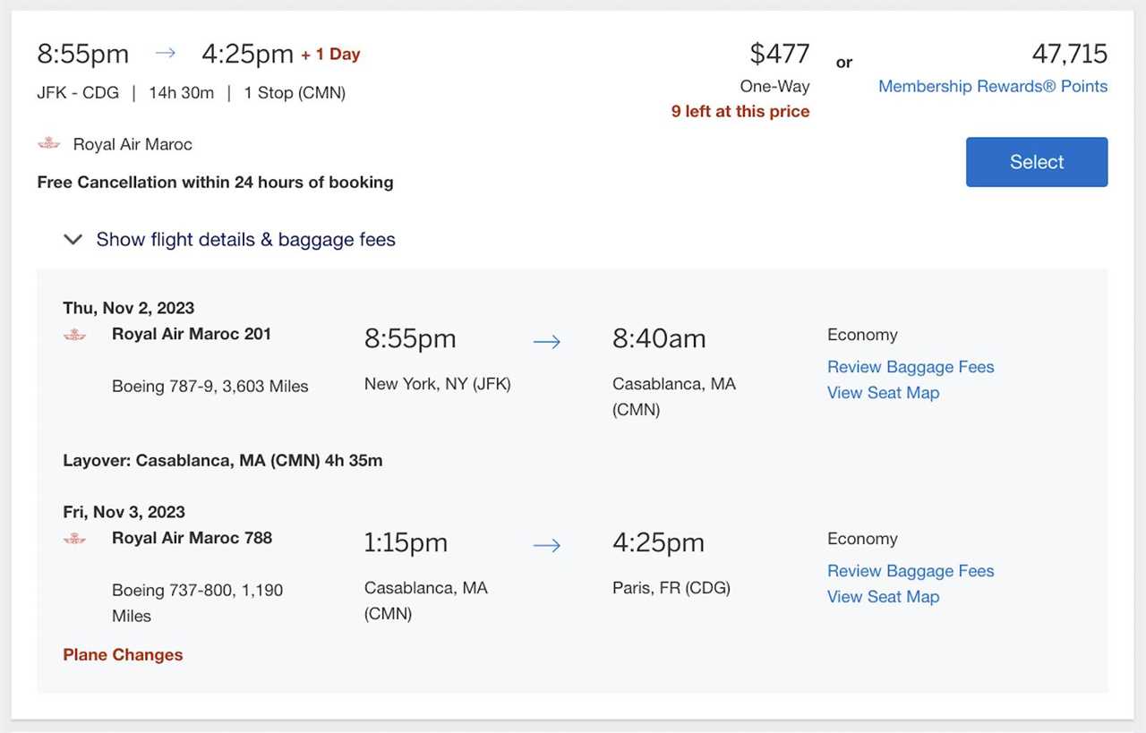 flight pricing with Royal Air Maroc from New York to Casablanca and on to Paris, found on Amex Travel website