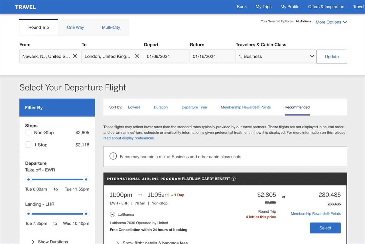 Flight search results and prices from Amex Travel