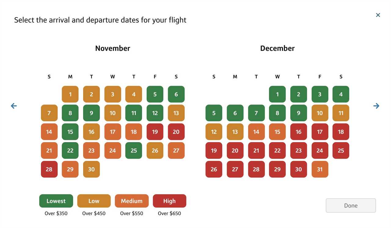 color-coded calendar view for finding cheap prices