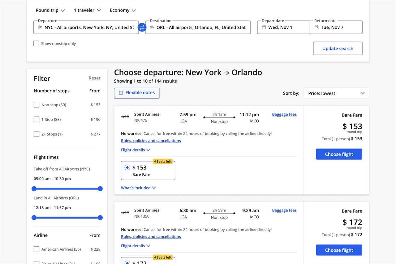 flight search results and pricing in Chase's portal