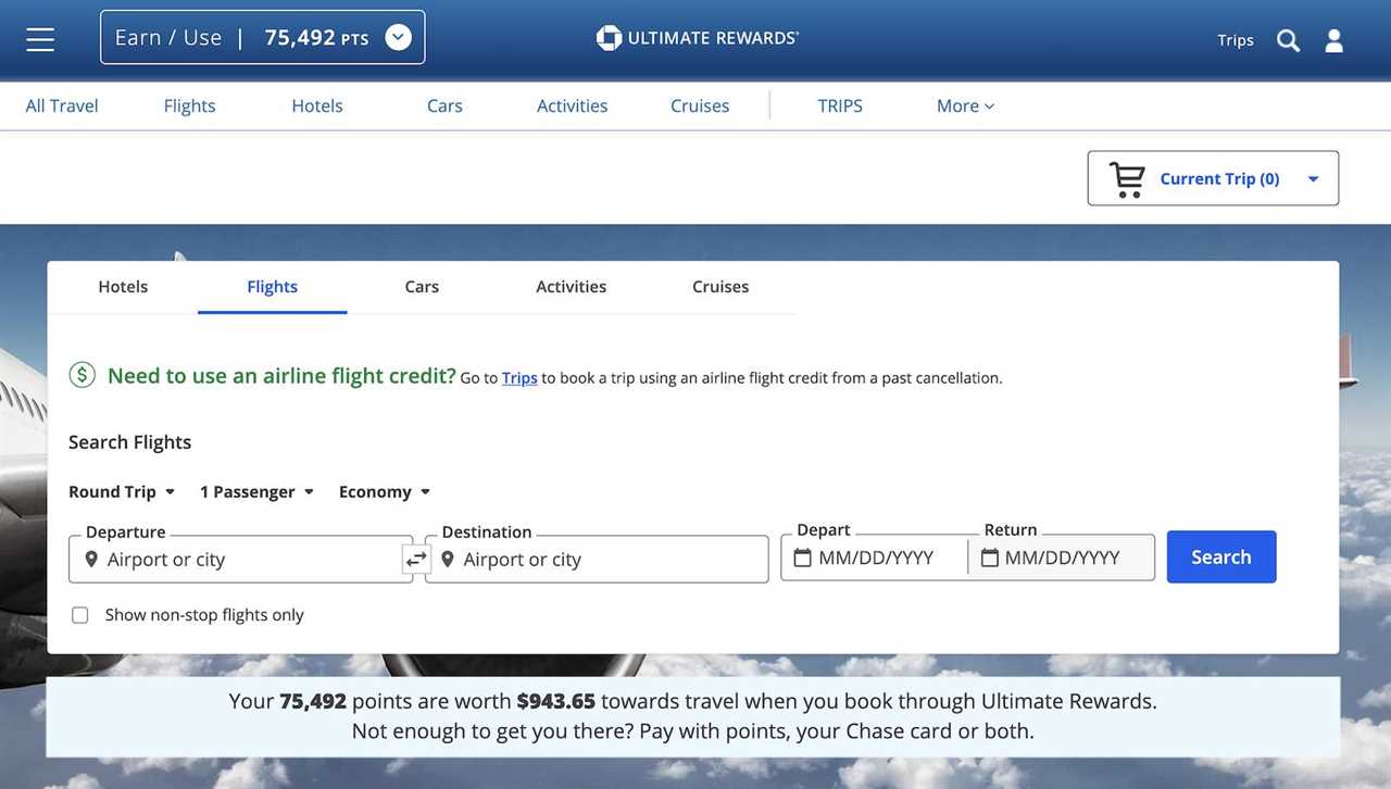 flight search starting page in Chase portal, telling how many points you have