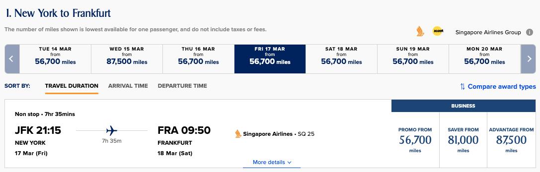 JFK to FRA Singapore Airlines business class award space