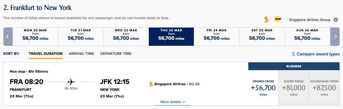 FRA to JFK Singapore Airlines business class award space