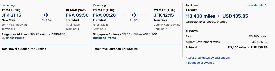 Singapore Airlines round-trip JFK to FRA award ticket with taxes