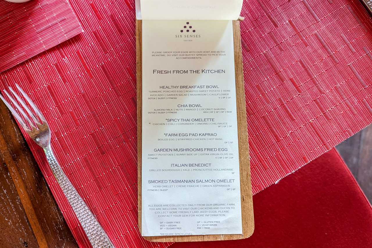 Six Senses Yao Noi breakfast menu