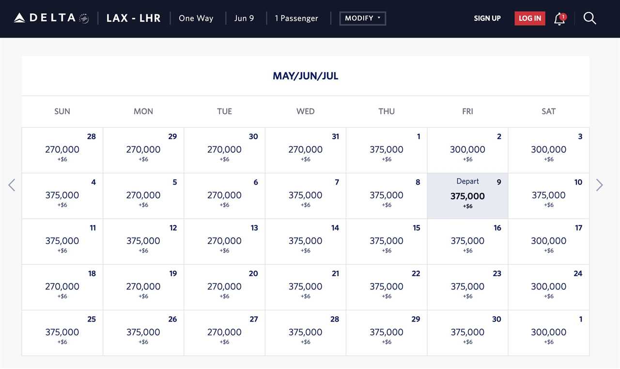 Delta business-class award prices between Los Angeles and London