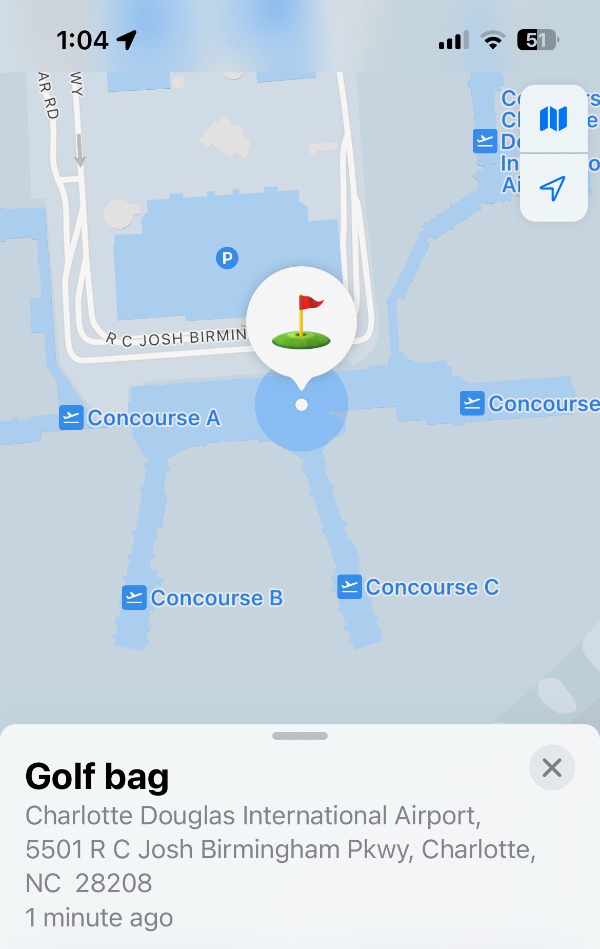 Golf bag located on Apple AirTag at CLT airport