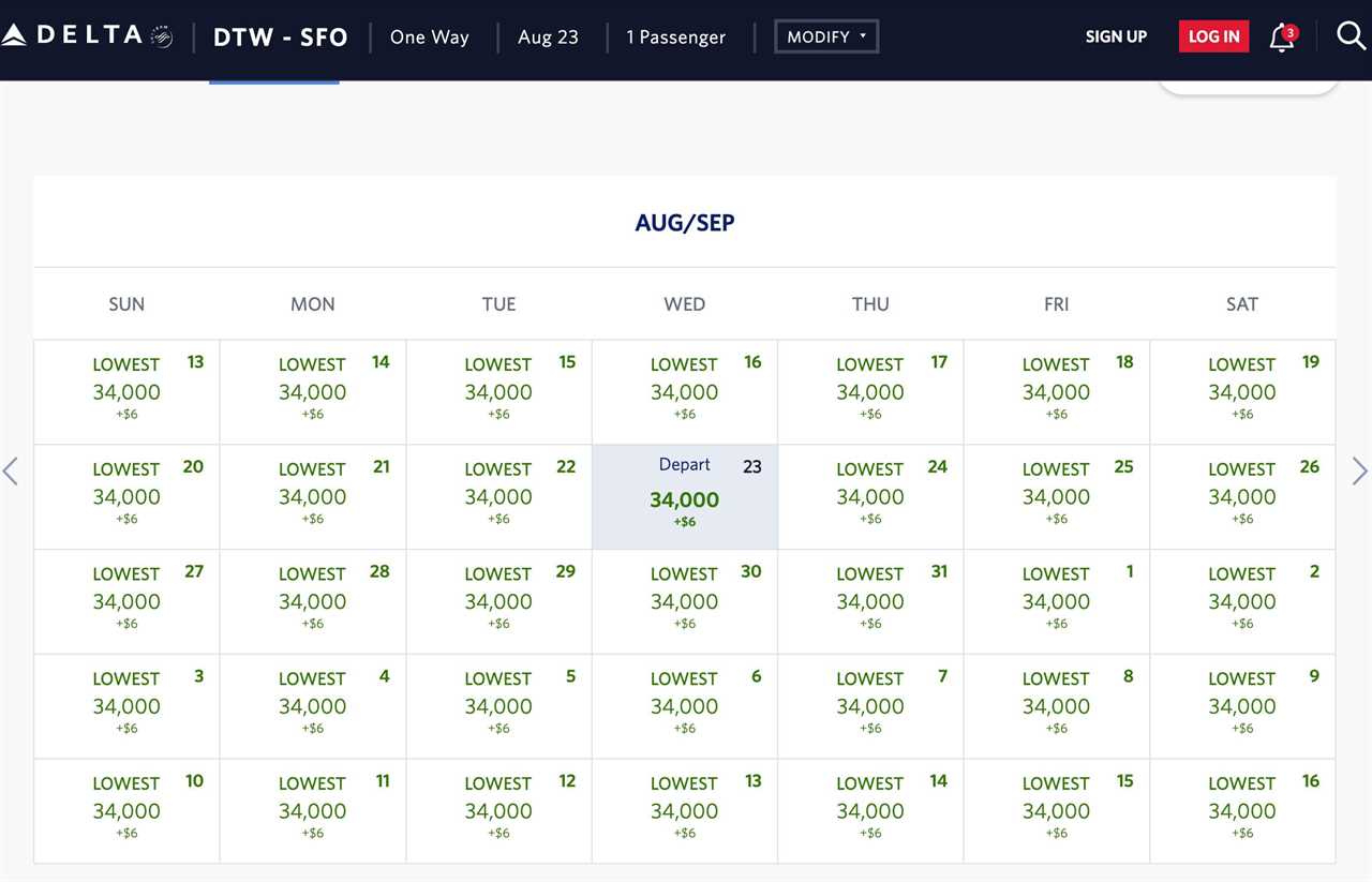 DTW to SFO price calendar