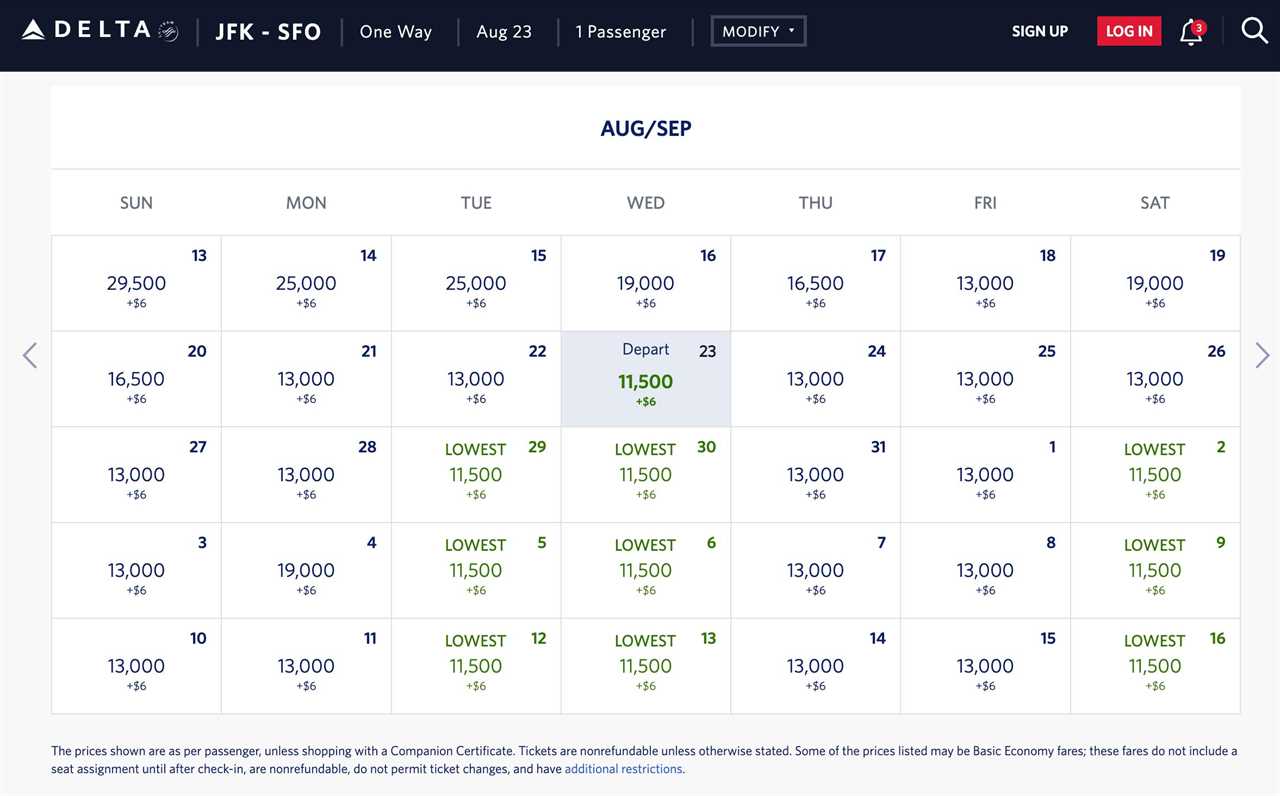 JFK to SFO price calendar