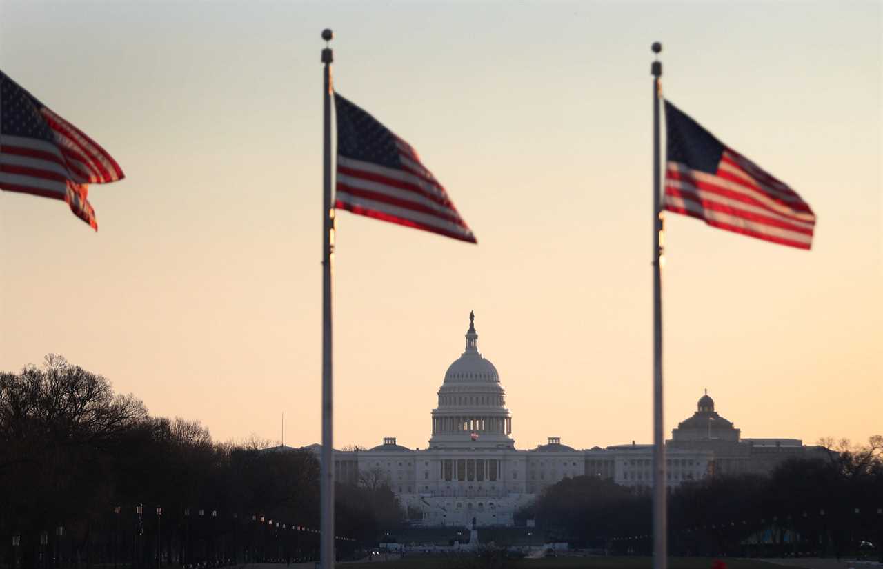 photo shows U.S. flags in the foreground with the Capitol Building in Washington, D.C. in the background