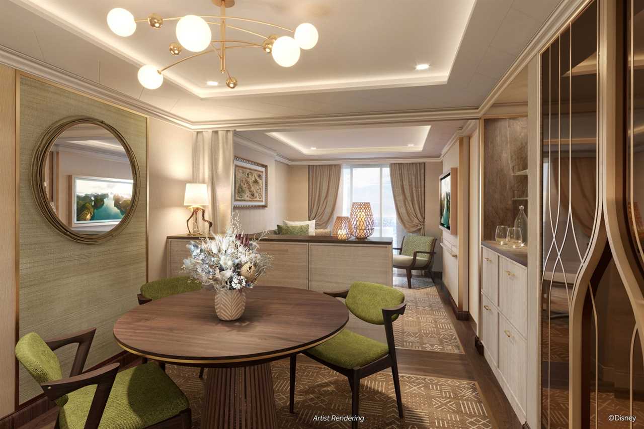 Artist's rendering of Concierge Suite living and dining area on Disney Treasure.