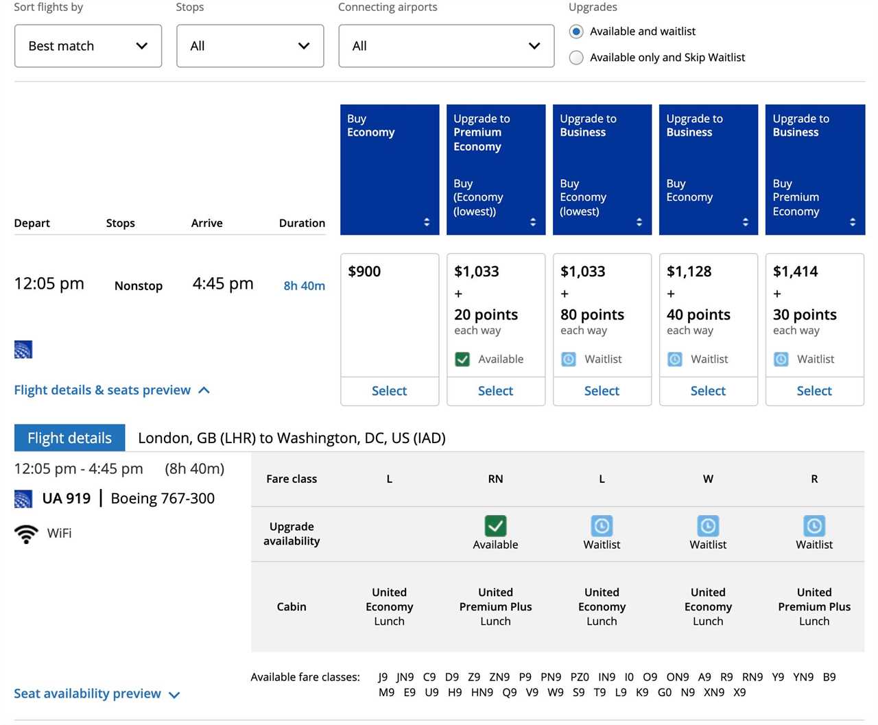 United fare classes between London (LHR) and Washington, D.C. (IAD)