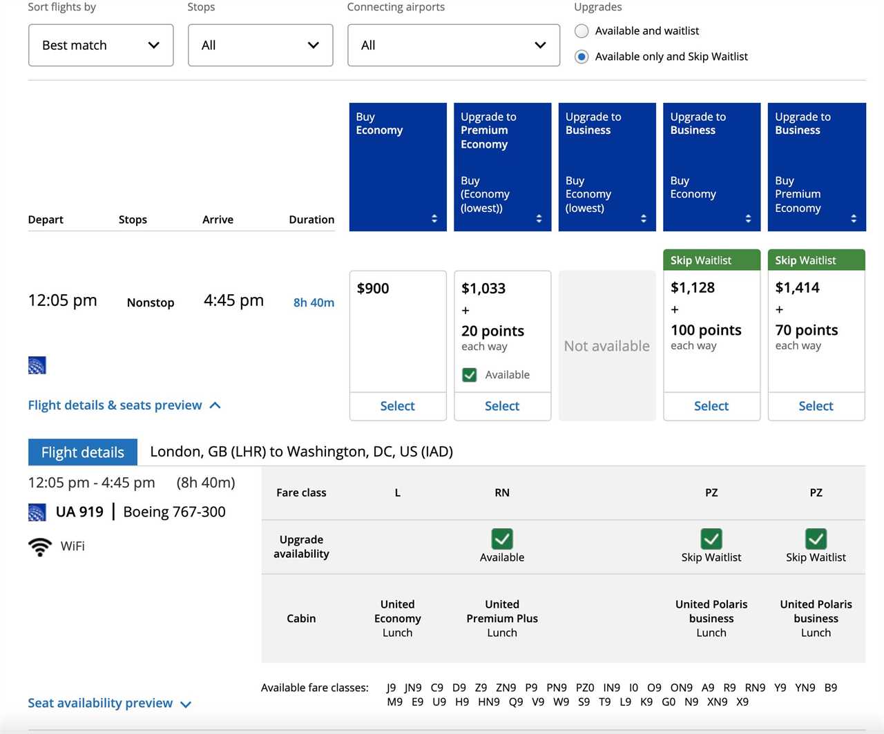 Screenshot of United Skip Waitlist option