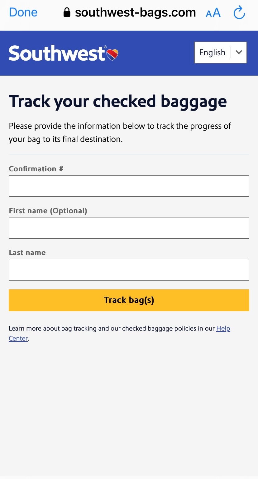 Southwest Airlines baggage tracker app