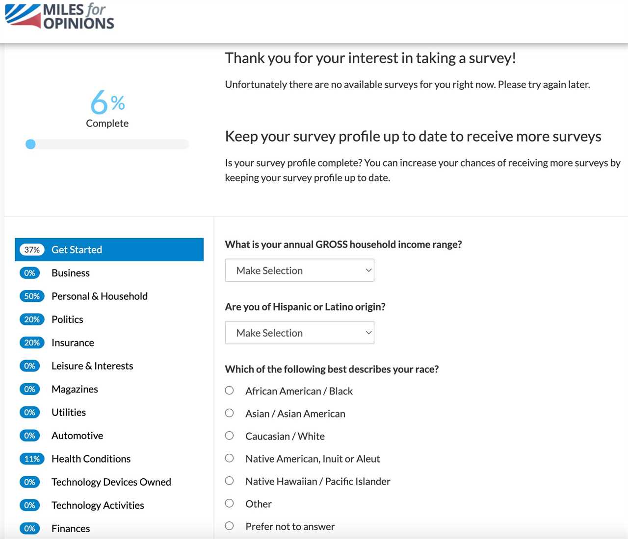 Screenshot of survey landing page