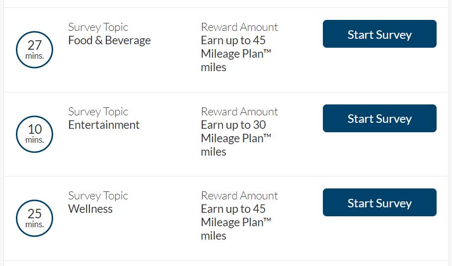 Here are a few surveys that I was offered to take for Alaska Mileage Plan miles. 