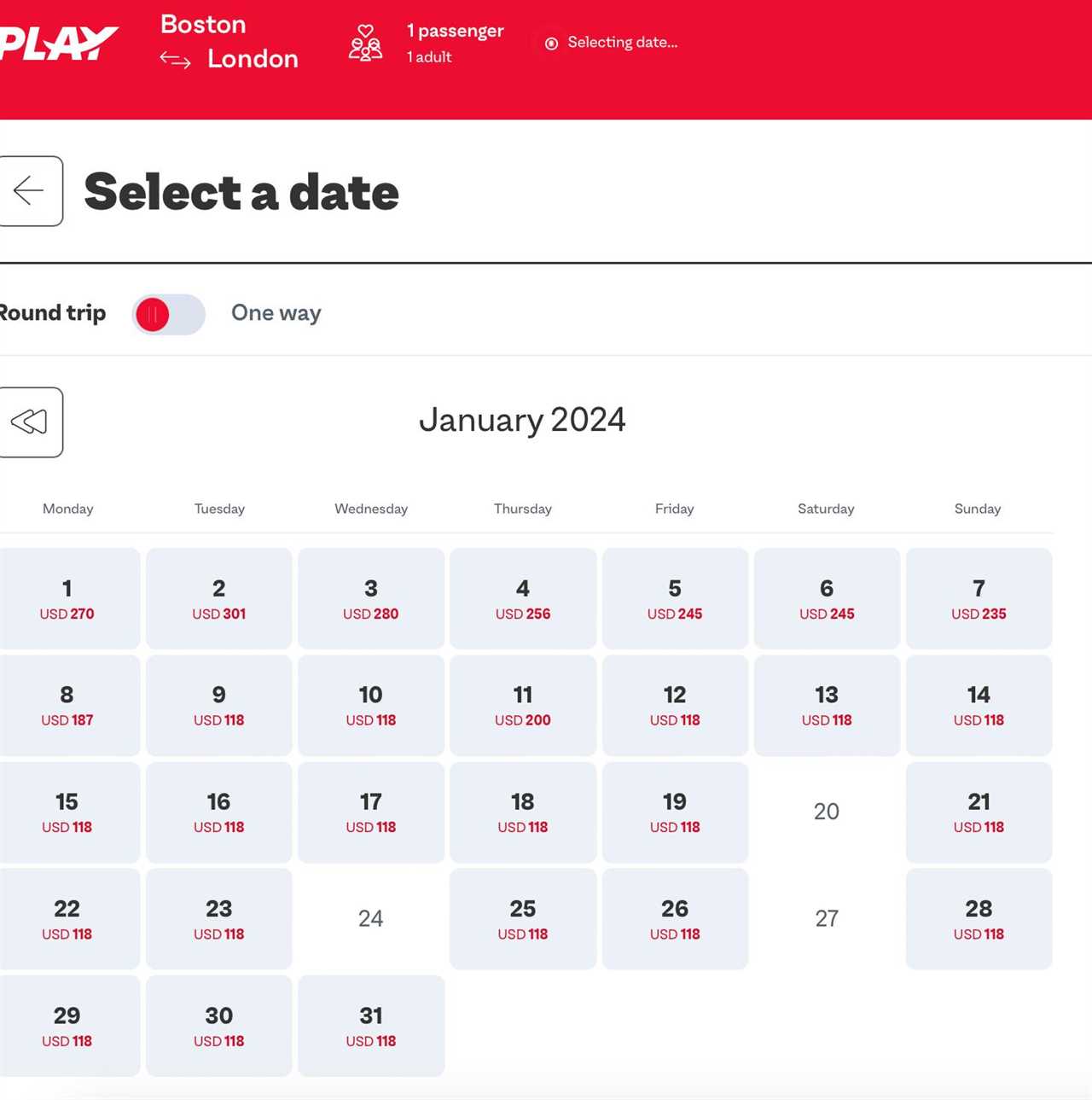 january flight options on play