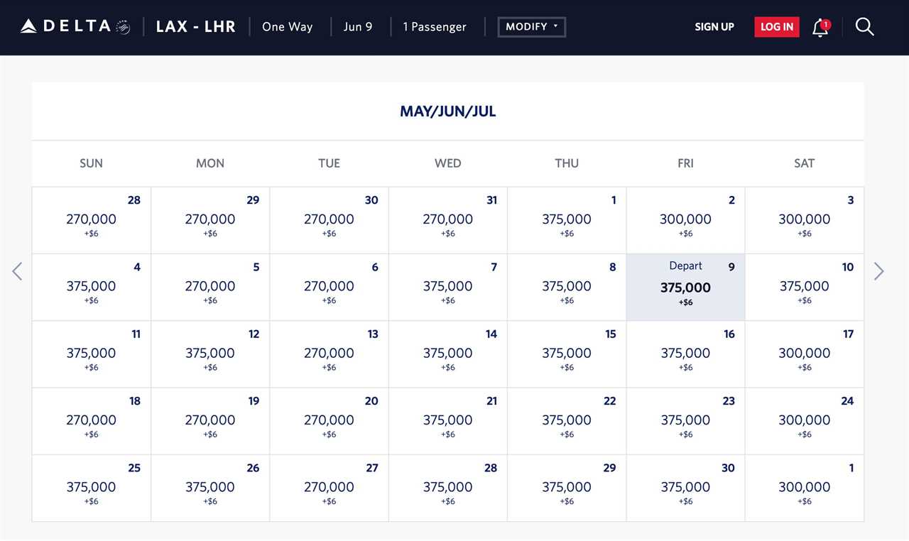 Delta business-class award prices between Los Angeles and London