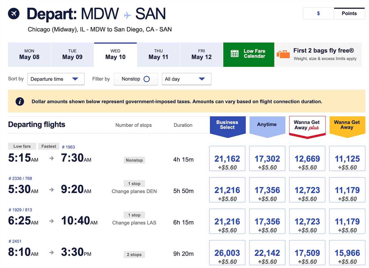 award pricing for Southwest flights from Chicago-Midway to San Diego