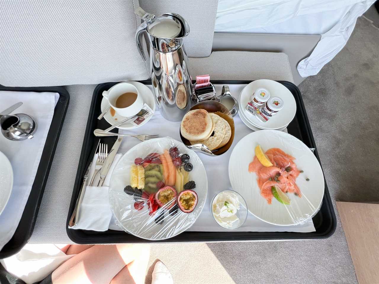 A room service tray with breakfast items