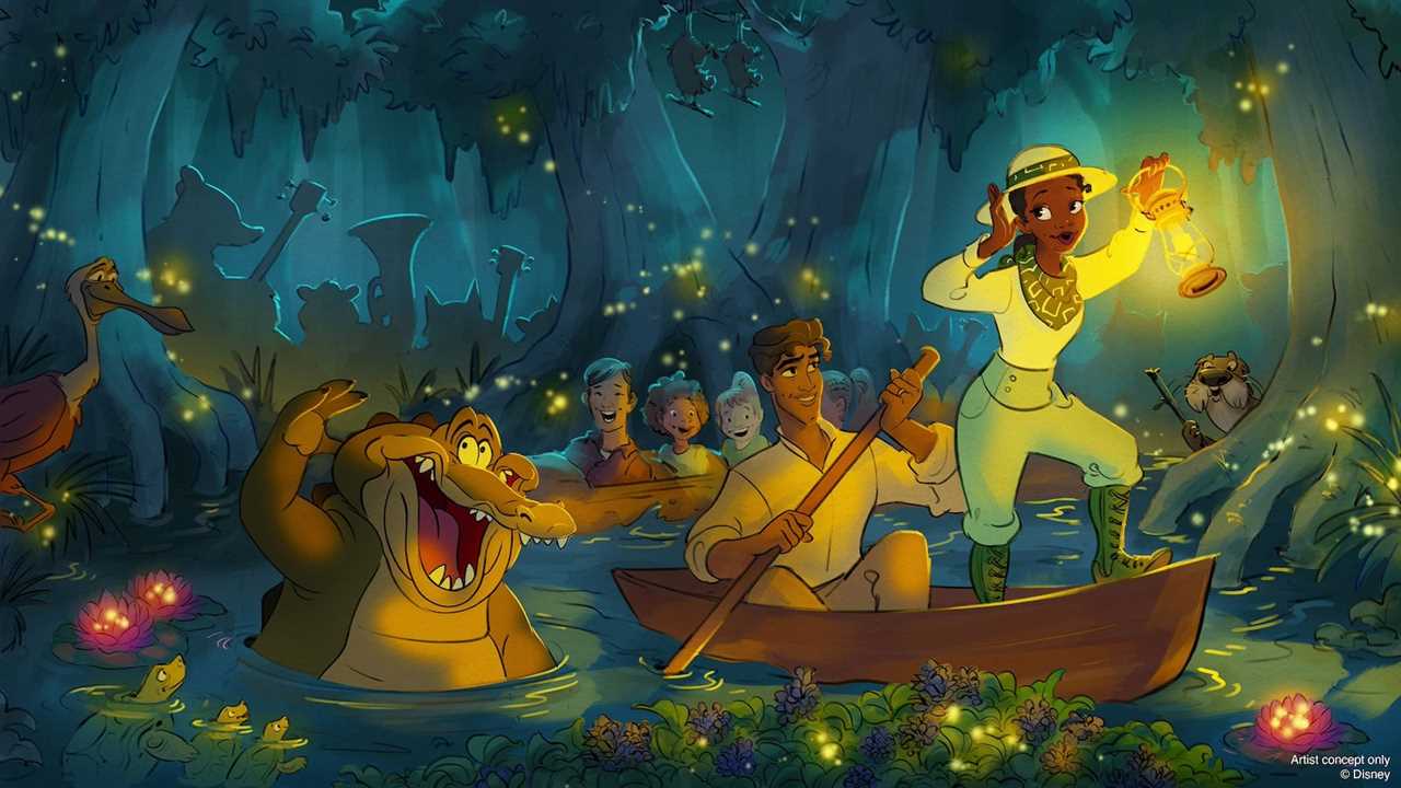 Characters from Tiana's Bayou Adventure in a boat