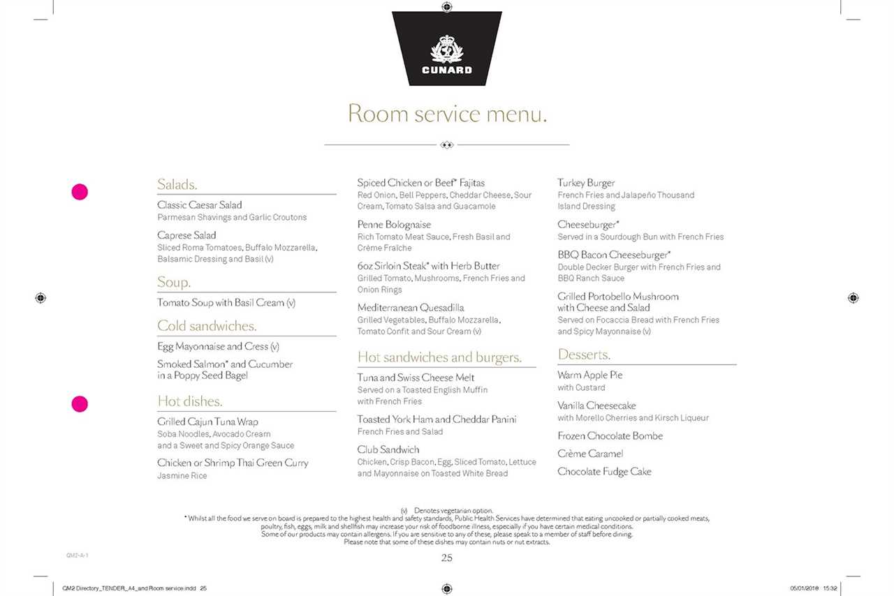 Cunard room service menu