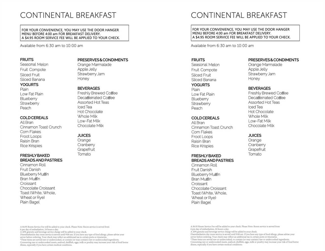 Norwegian Cruise room service menu