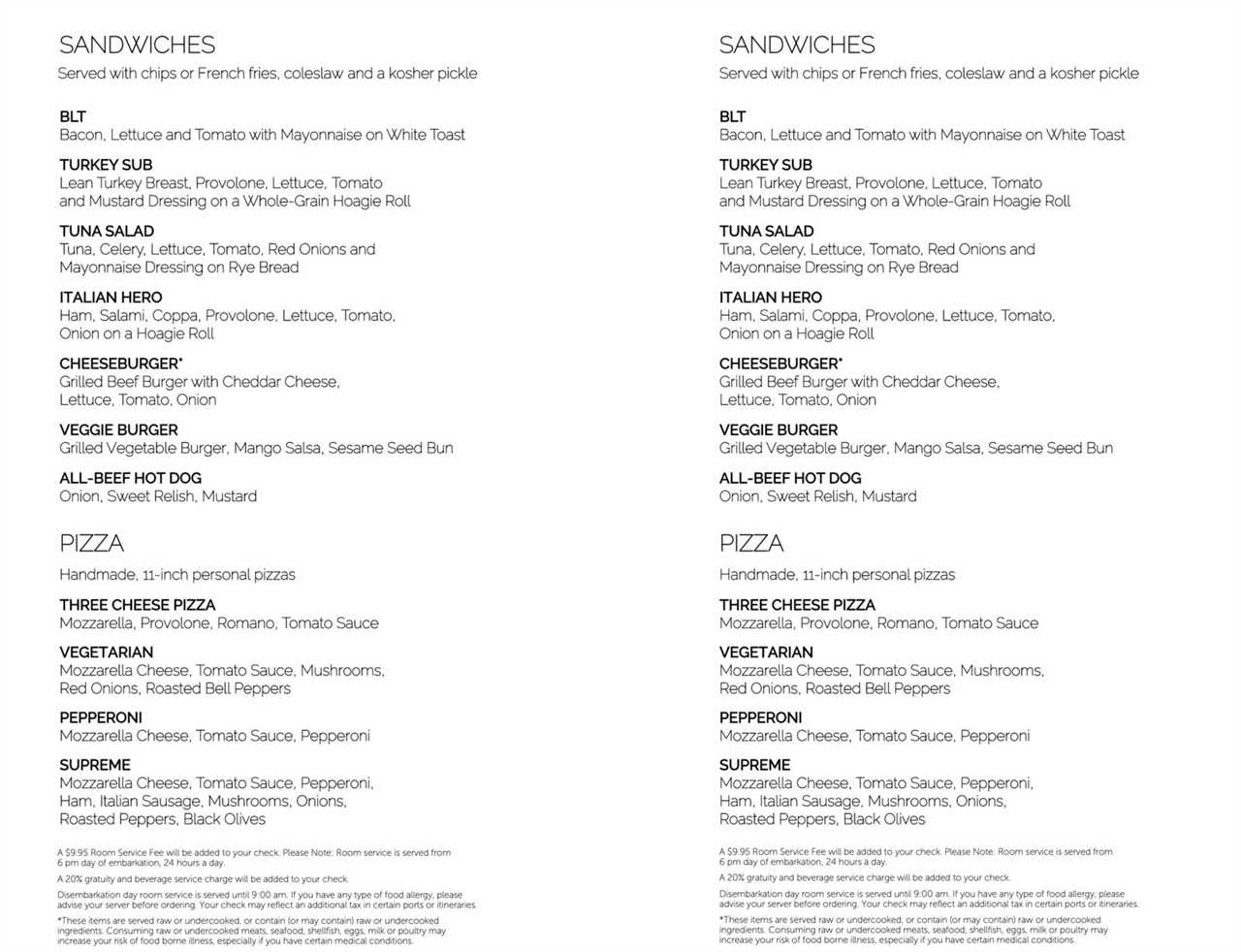 Norwegian Cruise room service menu