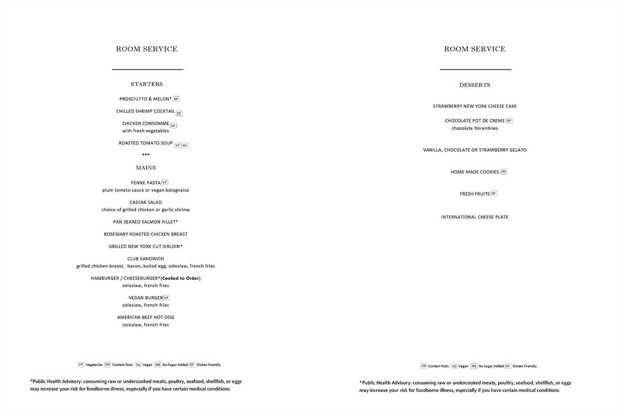 room service menu for Seabourn cruise