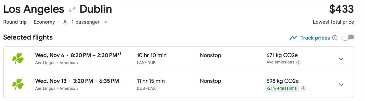 A screenshot of the Google Flights estimate for a round-trip flight from Los Angeles to Dublin.