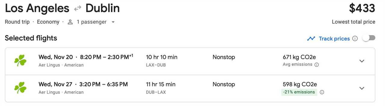 A screenshot of the Google Flights estimate for a round-trip flight from Los Angeles to Dublin.