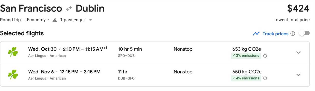 A screenshot of the Google Flights estimate for a round-trip flight from San Francsisco to Dublin.