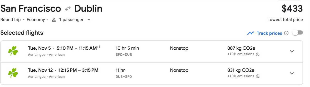 A screenshot of the Google Flights estimate for a round-trip flight from San Francisco to Dublin.